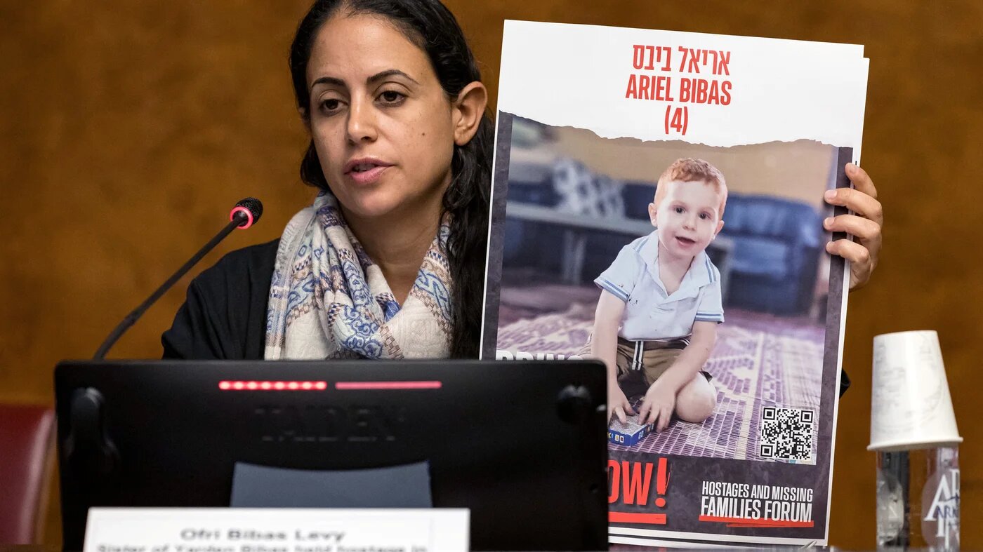 Ofri Bibas Levy, the aunt of Kfir and Ariel Bibas, speaks during a press conference at the European Office of the United Nations, Palais des Nation, in Geneva on 14 November, 2023 (AFP/Pierre Albouy)