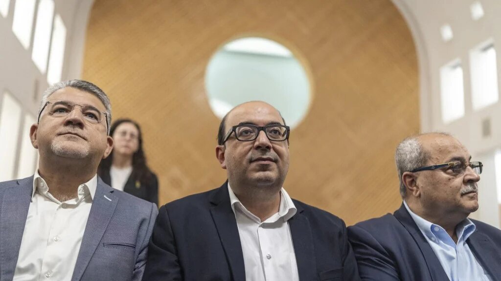 Sami Abu Shehadeh, pictured at centre, and other Arab politicians attend a hearing at the Supreme Court in Jerusalem, on 1 October 2026 (Ilia Yefimovich/AFP)