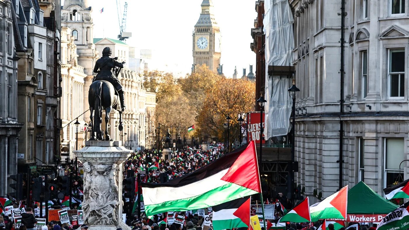 Protesters holding placards and Palestinian flags in central London on 25 November 2023 (AFP/Henry Nicholls)