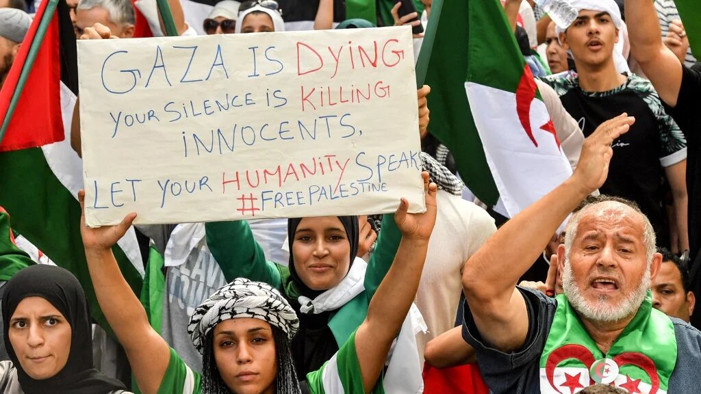 Protesters march in solidarity with Palestinians in Gaza during a rally in Algiers on 19 October 2023, one of only two pro-Palestine demonstrations authorised in Algeria since the start of Israel's war on Gaza (AFP)