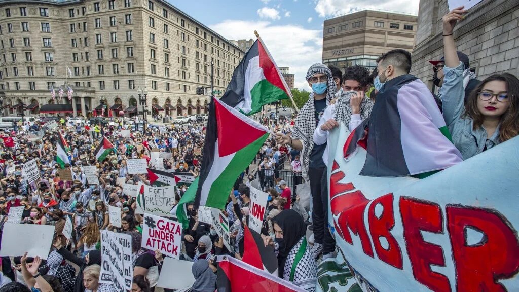 Thousands gather during a rally to support Palestine at Copley Square in Boston, Massachusetts on 15 May 2021.