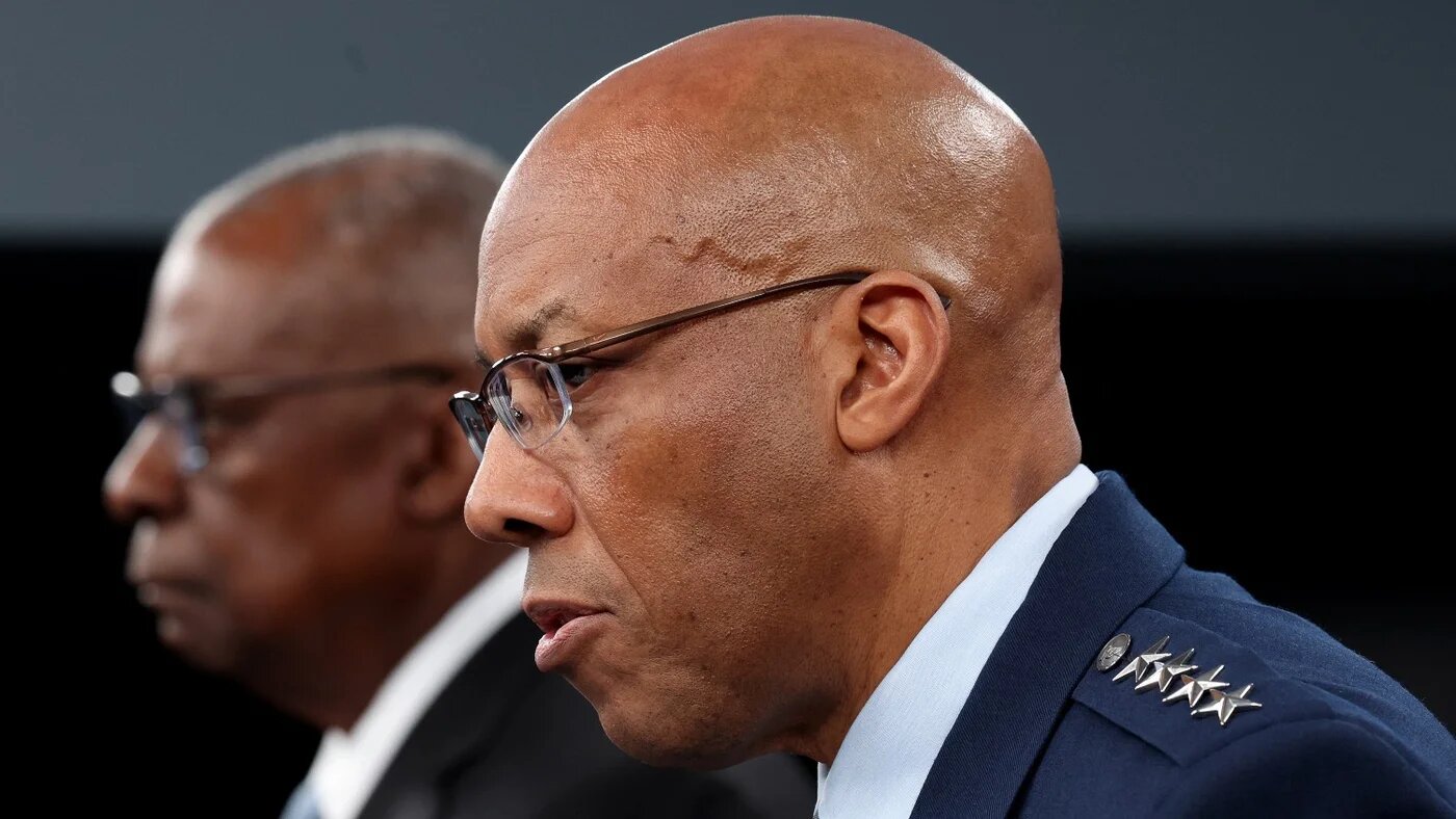 US Chairman of the Joint Chiefs of Staff General Charles Brown speaks alongside Secretary of Defense Lloyd Austin at a press conference at the Pentagon on 20 May 2024.
