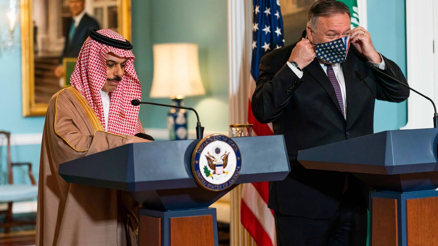 Saudi foreign minister Prince Faisal bin Farhan Al Saud and Secretary of State Mike Pompeo delivering their remarks at the State Department.