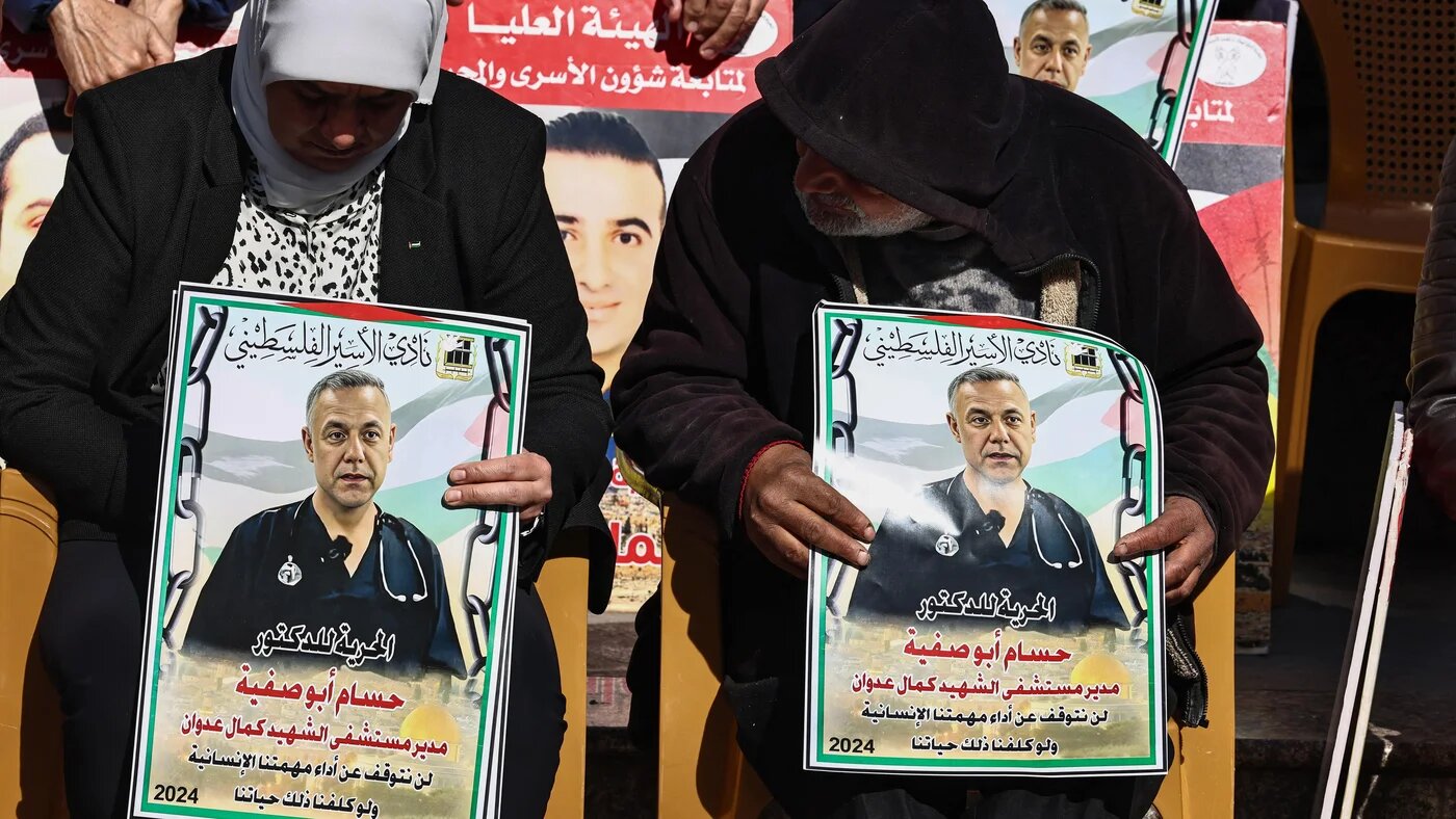 Protests for Palestinians currently detained by Israel, including the director of the Kamal Adwan Hospital in Gaza Dr Hussam Abu Safiya, in Ramallah city in the occupied West Bank on January 14, 2025 (AFP/Zain Jaafar)