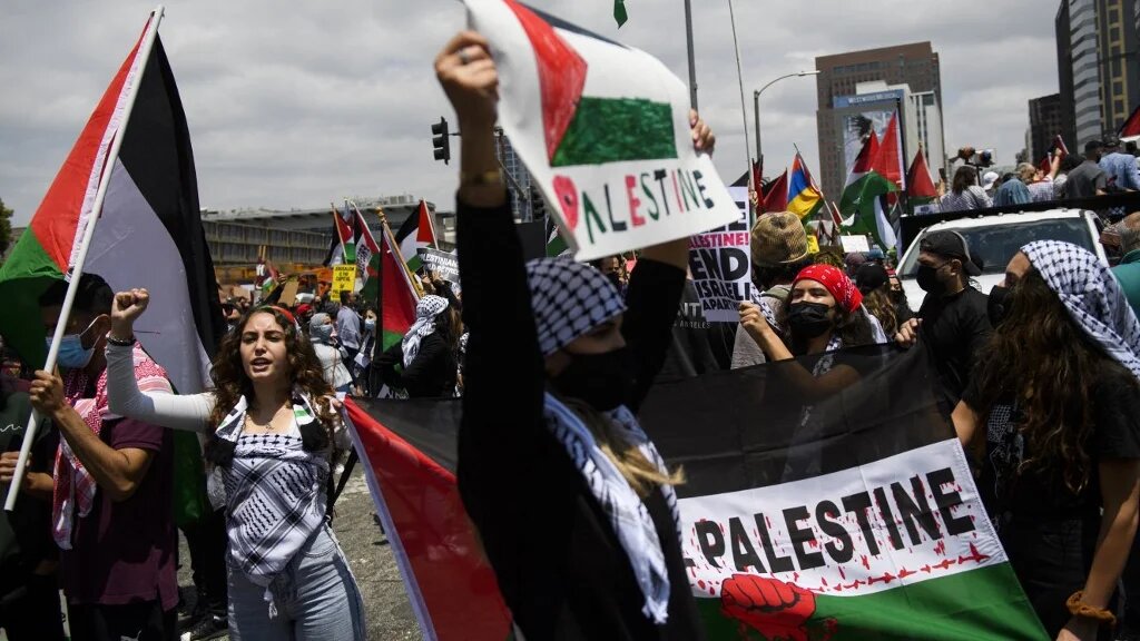 People demonstrate in support of Palestine in Los Angeles, California on 15 May 2021.