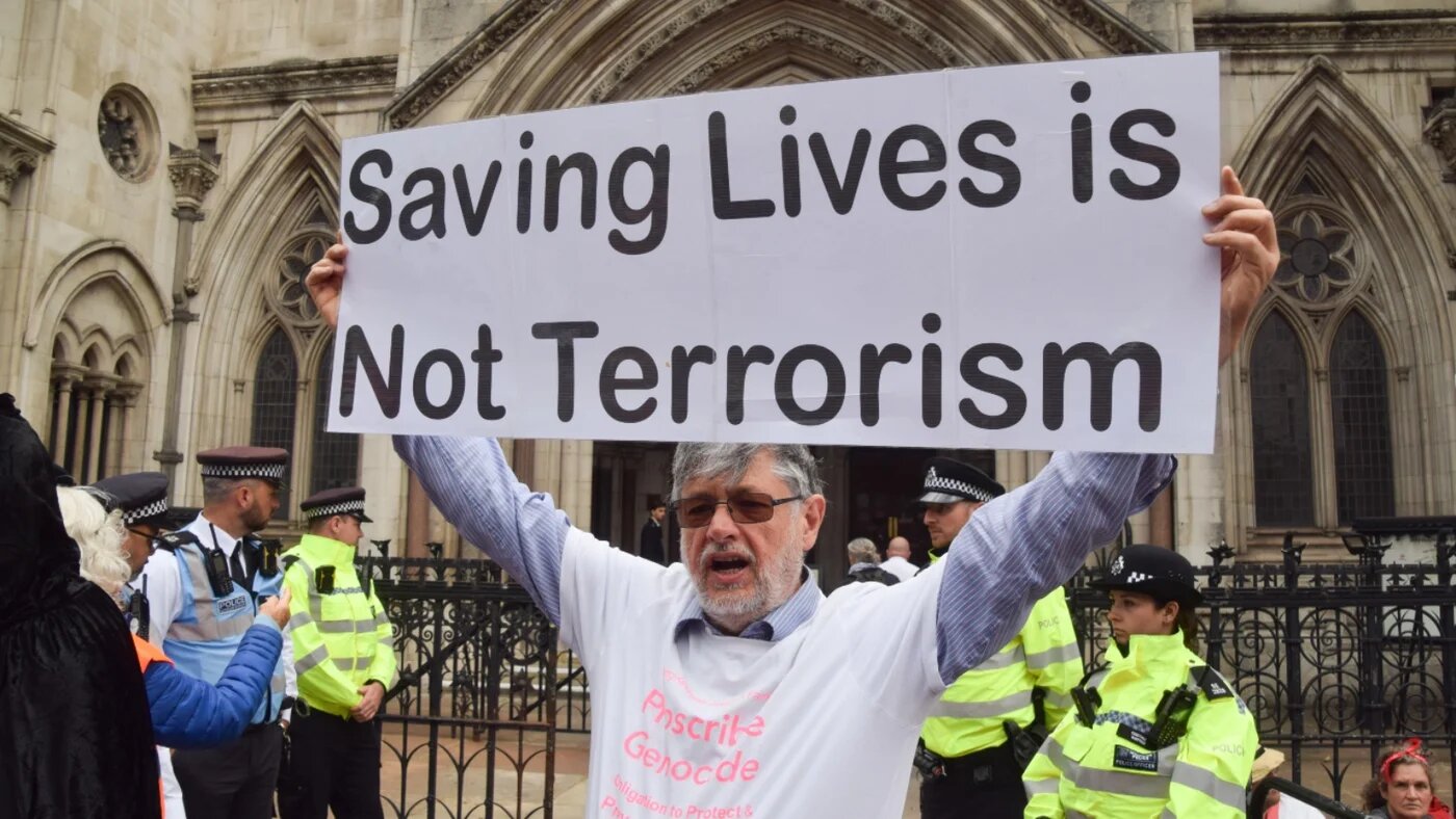 Protesters gather outside the Royal Courts of Justice, London, UK, as the ban on the activist group Palestine Action is ruled as lawful by the Court of Appeal. Judges overturned a previous ruling that said the ban on the group was wrong, 15 June 2026 (Vuk Valcic/Zuma Press Wire)