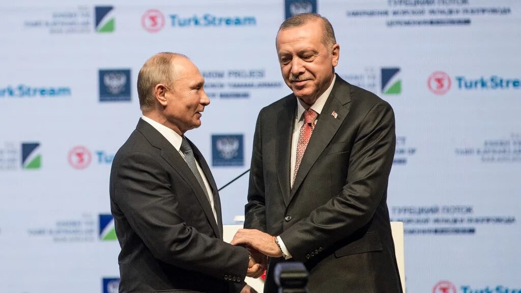 Russian President Vladimir Putin (L) and Turkish President Recep Tayyip Erdogan (R) attend the inauguration ceremony of a new gas pipeline "TurkStream" on 8 January 2020, in Istanbul (AFP)
