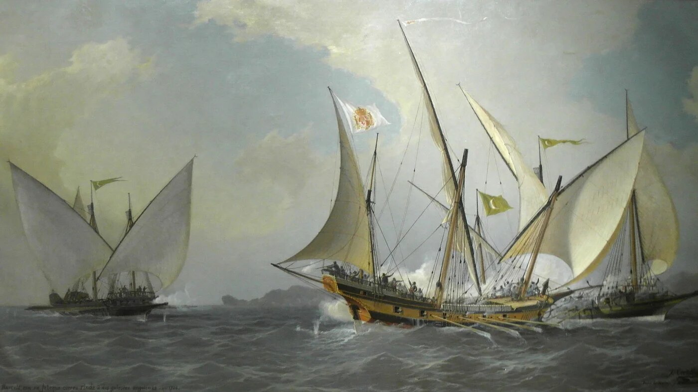 Un chebec espagnol face à deux galiotes corsaires de la régence d’Alger, en 1738 (Wikipédia)