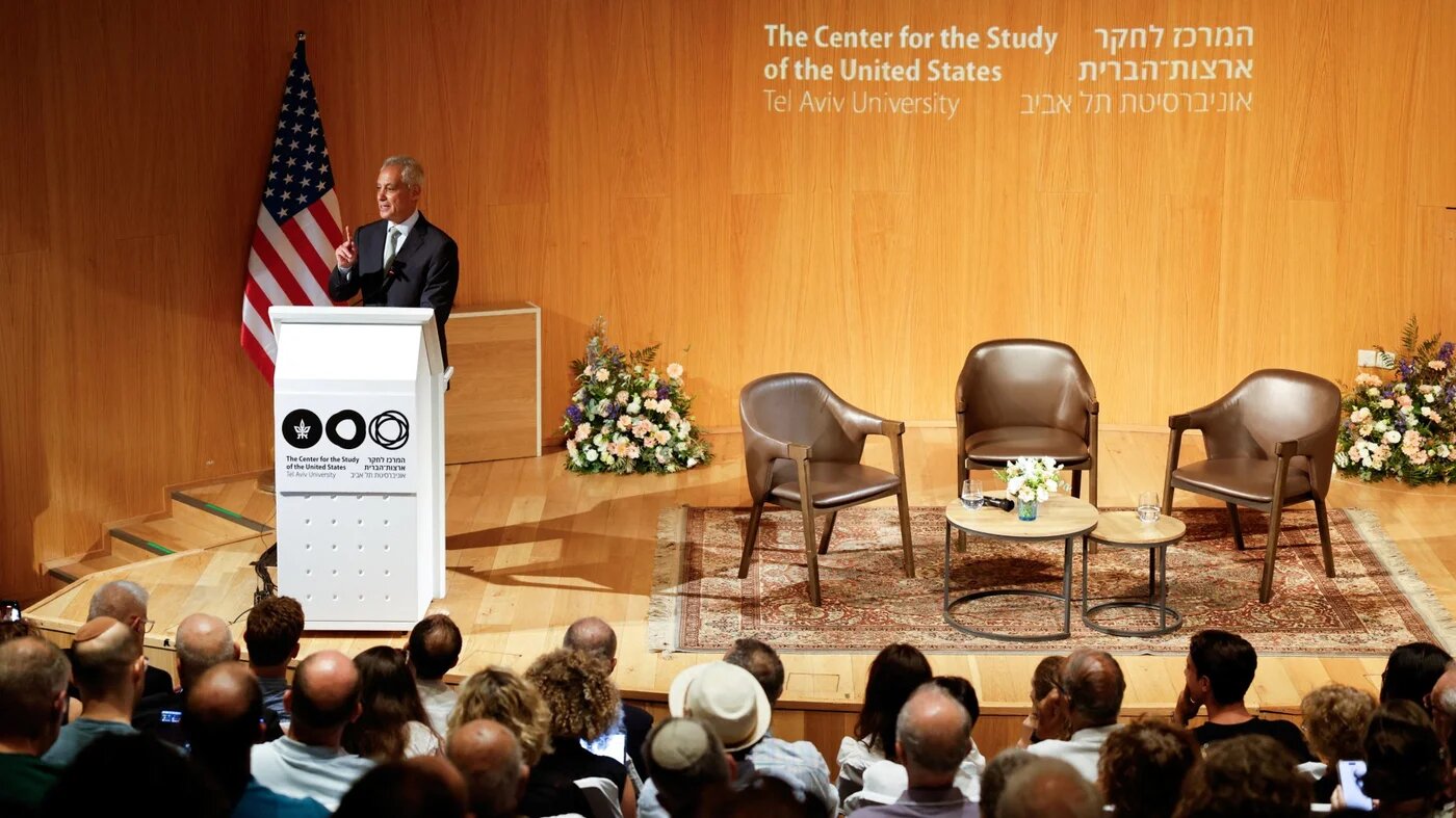 Rahm Emanuel speaks at an event at Tel Aviv University, 8 July 2026 (Amir Cohen/Reuters)
