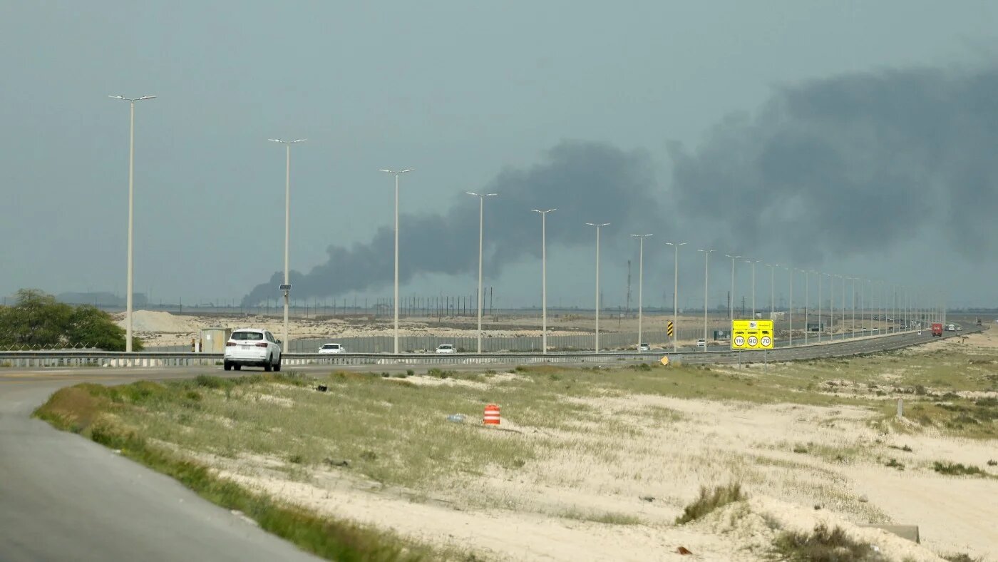 Smoke billows from Saudi Aramco's Ras Tanura oil refinery after a reported Iranian drone strike on Monday 2 March 2026 (Reuters)