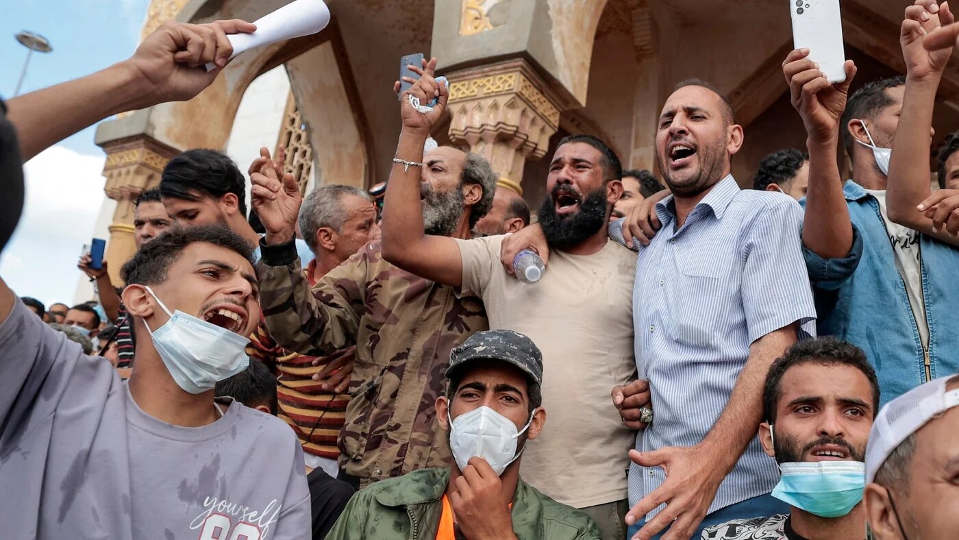 Libyans protest outside mosque one week after deadly floods in Derna (Reuters)