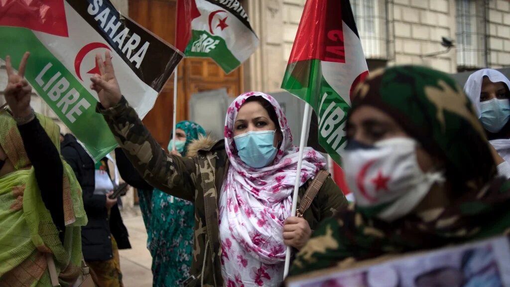 People take part in a demonstration in support of the Sahrawi people's rights in Malaga, Spain on 28 November 2020.