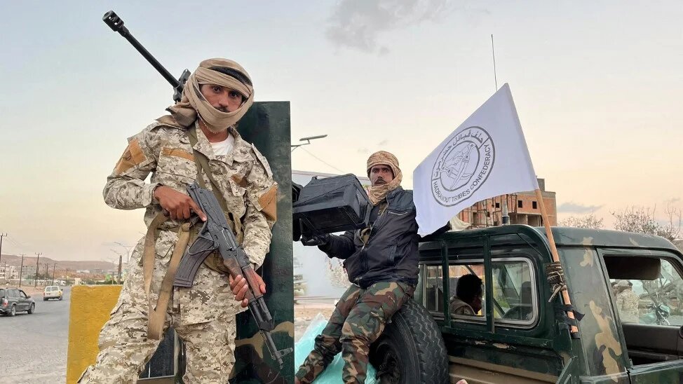 The Saudi-backed forces that took control of the Second Military Region Command on the outskirts of Mukalla, the capital of Yemen’s Hadhramaut, are pictured on 3 January 2026 (AFP)