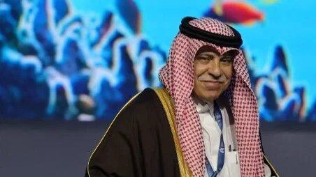 Saudi Minister of Commerce and Investment Majid al-Qasabi pictured during the 13th WTO Ministerial Conference in Abu Dhabi 26 February 2024 (AFP)