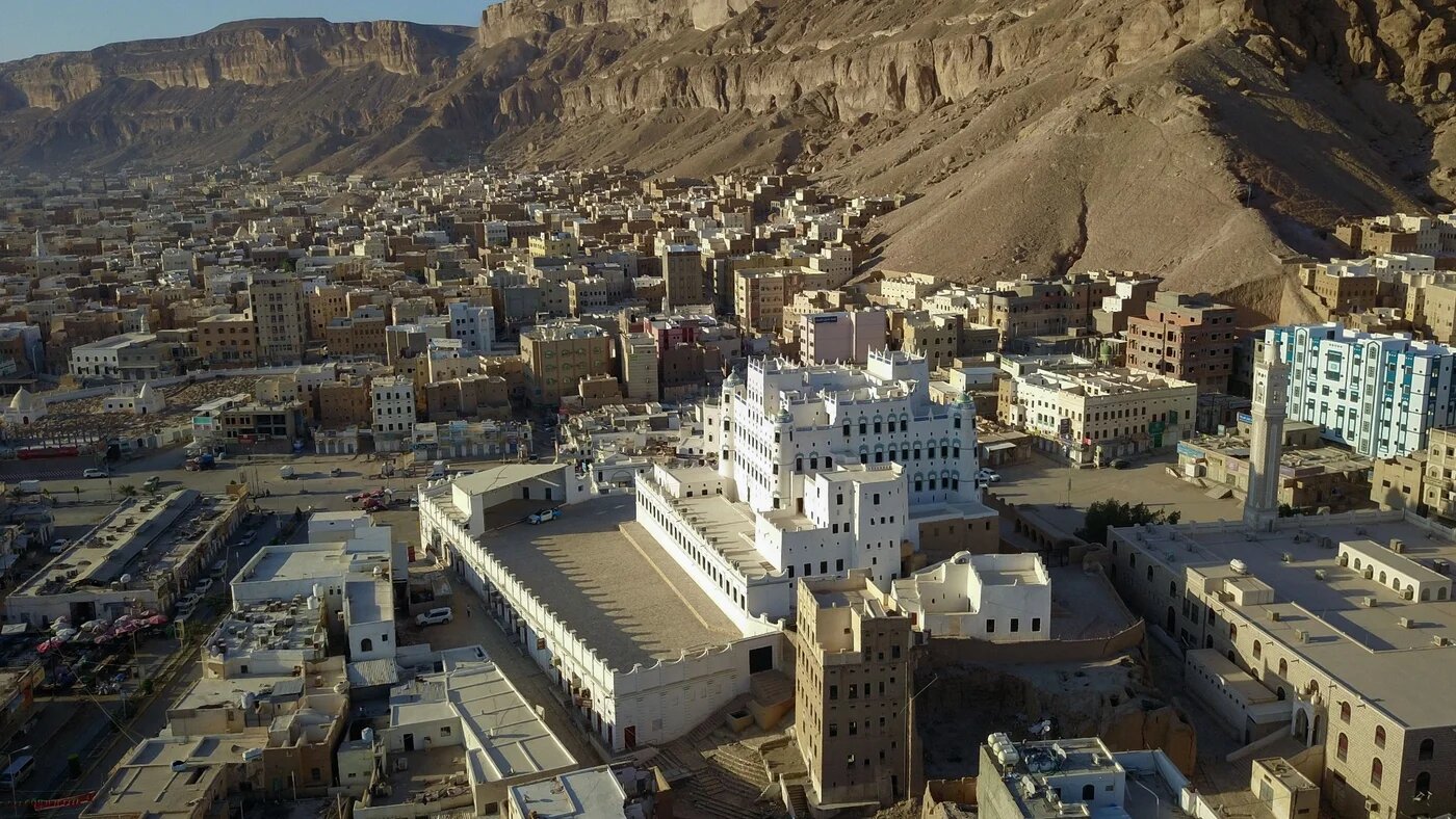 An aerial picture taken on 17 October 2020 shows a view of Seiyun Palace in the eponymous city, in Yemen's central Hadhramaut governorate (AFP)