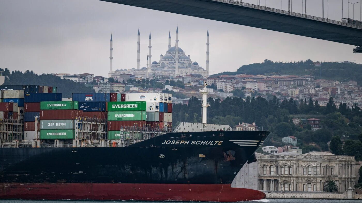 A cargo ship transits through the Bosphorus in Istanbul, on 18 August, 2023 (Yasin Akgul/AFP)