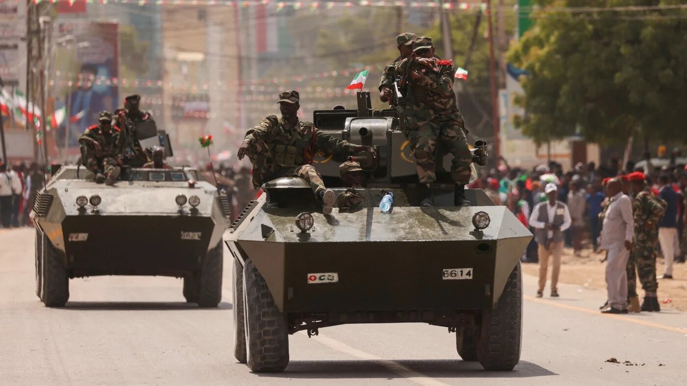 Somaliland army members participate in a parade in Hargeisa, Somaliland, on 18 May 2024 (Reuters/Tiksa Negeri)