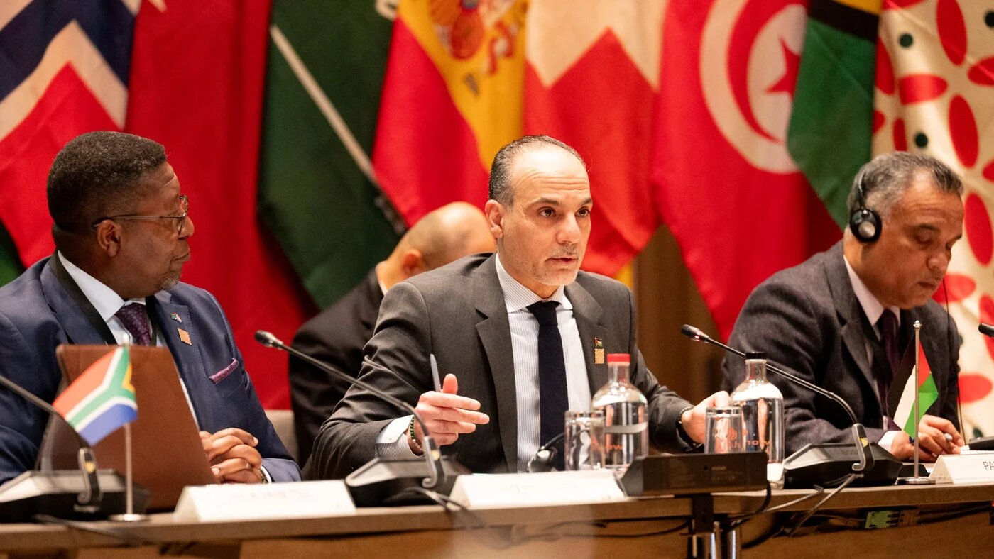 Palestine's ambassador to the Netherlands, Ammar Hijazi, speaks at a conference in The Hague on 4 March 2026 (Supplied)