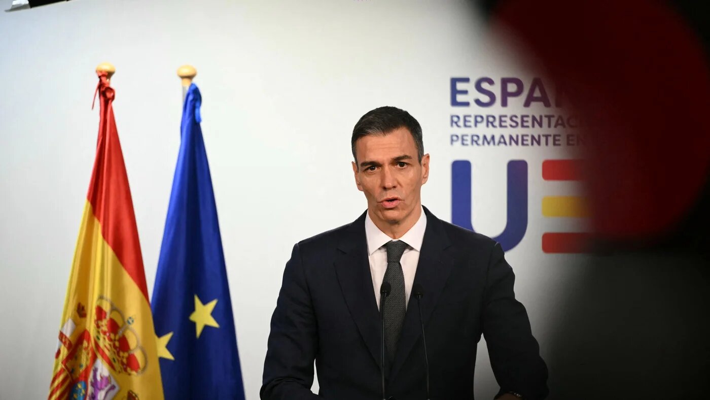 Spain's Prime Minister Pedro Sanchez speaking in Brussels on 22 January 2026 (AFP)