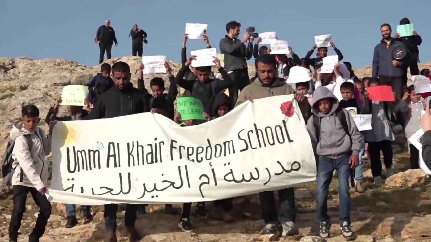 Residents of Umm al-Khair, Hebron, occupied West Bank, protest Israeli restrictions on access to schools on19 April, 2026 (MEE/Sari Jaradat)