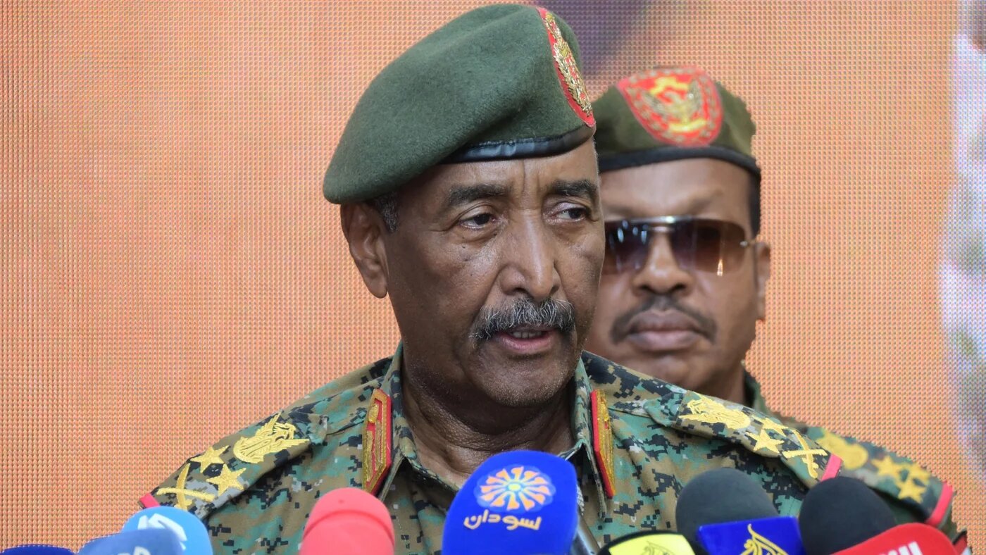Sudan's army chief General Abdel Fattah al-Burhan speaks during a civil service conference in Port Sudan on April 29, 2025.