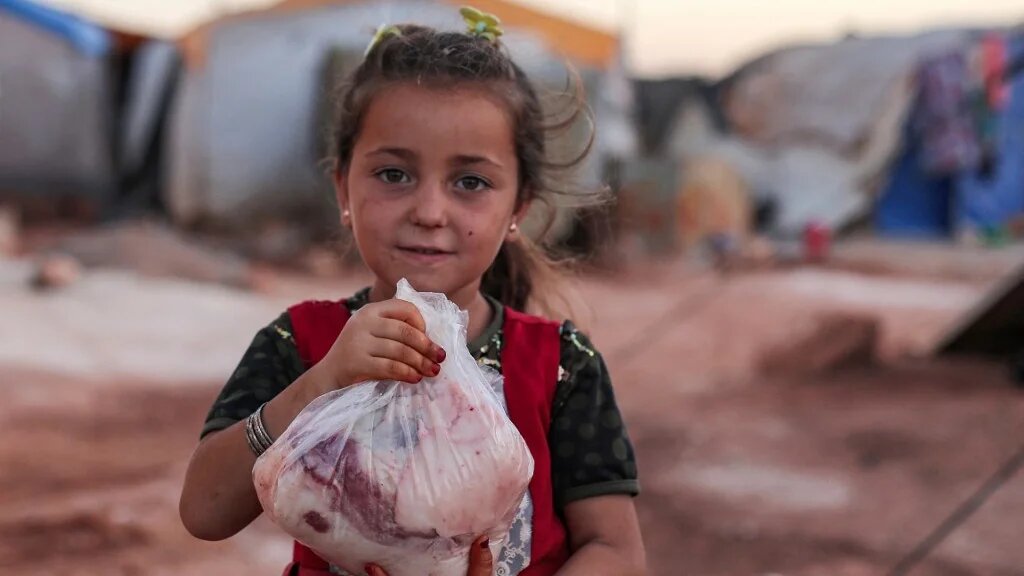 Une petite Syrienne se promène avec un paquet de viande fraîchement découpée, distribué par des volontaires, à l’occasion de l’Aïd al-Adha, dans un camp pour Syriens déplacés, dans la province d'Idleb, le 10 juillet 2022 (AFP/Aaref Watad)