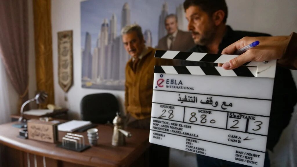 Sur le tournage de la série syrienne Sursis (Maa qaid al-tanfdh) à Ashrafieh al-Wadi, dans la banlieue de Damas, le 29 mars 2022 (AFP/Louai Beshara)
