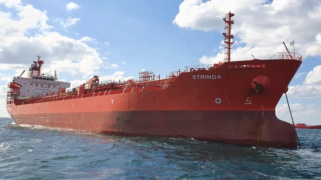 This handout photograph released by AS J Ludwig Mowinckels Rederi on 12 December 2023 shows the Norwegian-flagged chemical tanker the MT Strinda (AFP)