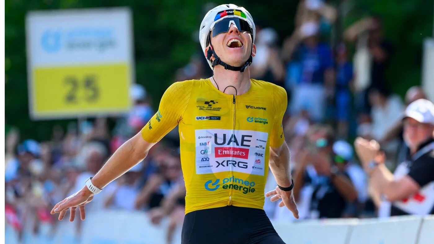 UAE Team Emirates - XRG team's Slovenian rider Tadej Pogacar celebrates in Villars-sur-Ollon on 21 June 2026 (AFP/Harold Cunningham)