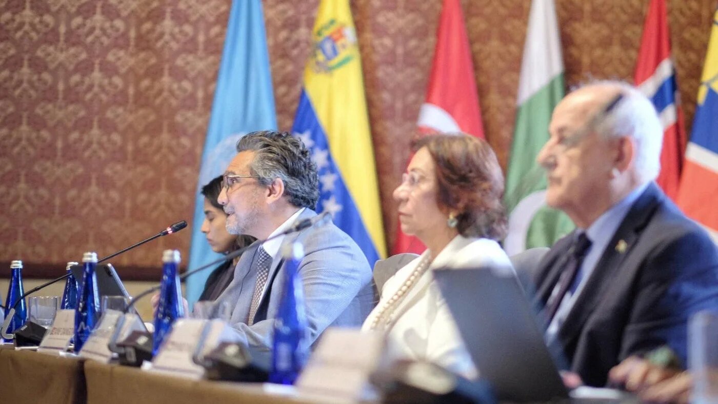 (R-L) Palestine's UN envoy Riyad Mansour sitting next to Colombia's Minister of Foreign Affairs Rosa Yolanda Villavicencio, South African diplomat Zane Dangor and Varsha Gandikota-Nellutla, the coordinator of the Hague Group, 16 July 2025 (Progressive International/Supplied)