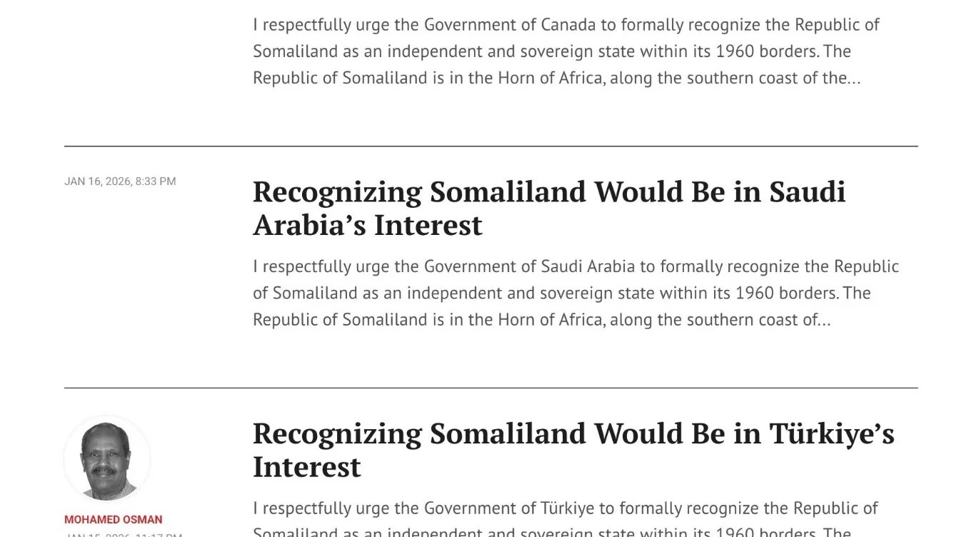 A screenshot from the author page of Mohamed Osman, a Somaliland advocate, on the Times of Israel's website (Screenshot)