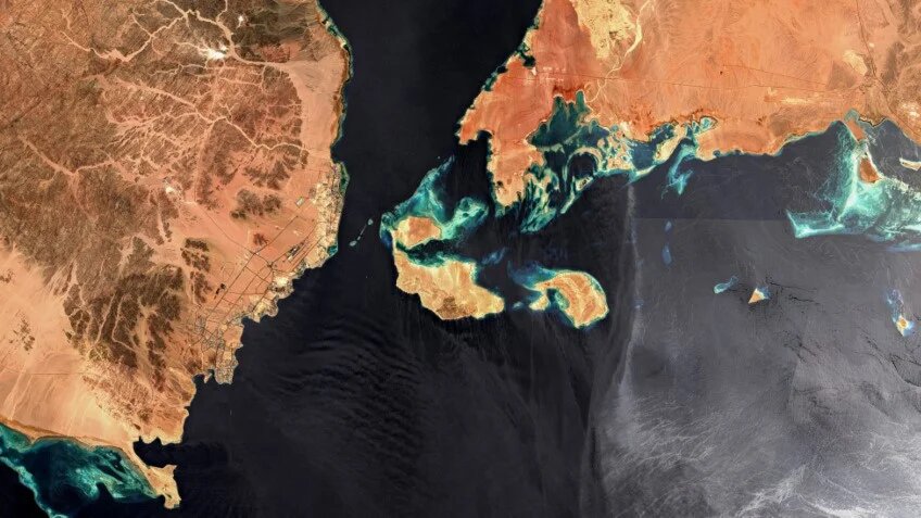 This satellite image made available by the European Space Agency and captured by the Copernicus Sentinel-2 mission on 9 July 2022 shows an overhead view of the Tiran and Sanafir islands (AFP)