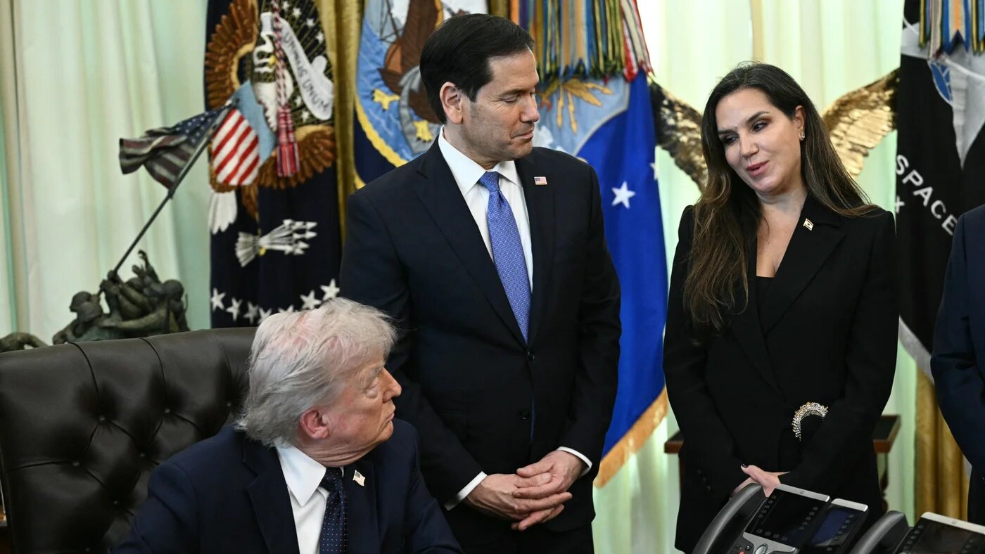 Donald Trump and US Secretary of State Marco Rubio listen to Lebanon Ambassador Nada Hamadeh Moawad speak during a meeting at the White House in Washington, DC on 23 April 2026 (Brendan Smialowski/AFP)