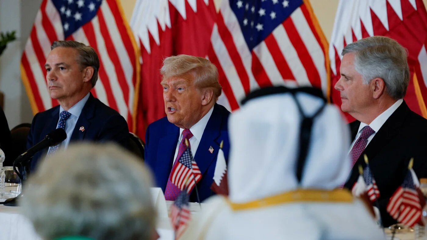 US President Donald Trump flanked by Boeing chief executive Kelly Ortberg (our left) and GE Aerospace chief executive Larry Culp at a roundtable discussion in Doha, Qatar, on Thursday (Reuters/Brian Snyder)