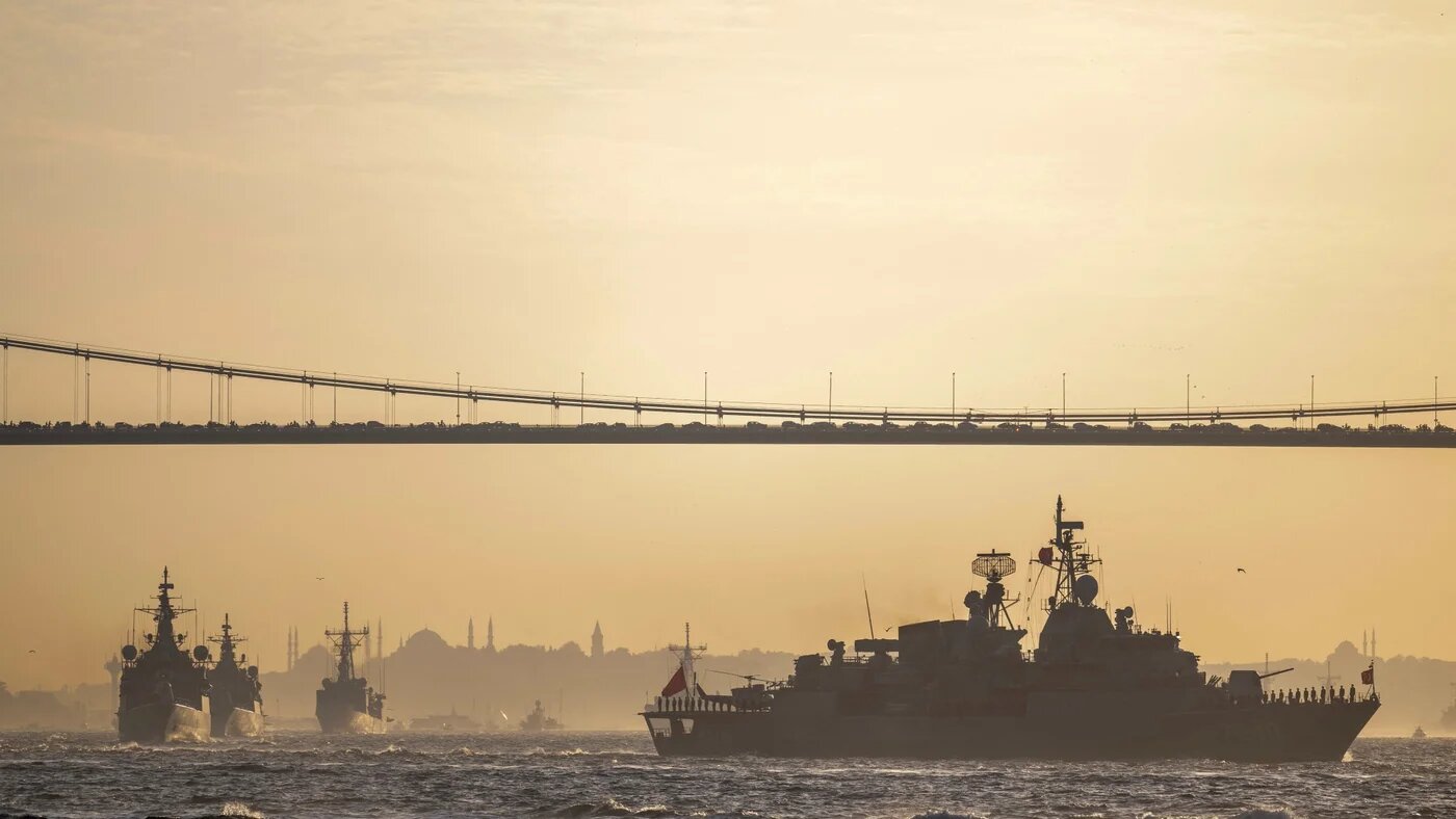 The Turkish aircraft carrier TCG Anadolu takes part in a military parade on the Bosphorus marking the 100th anniversary of the republic, in Istanbul, on 29 October 2023 (Bulent Kilic/AFP)