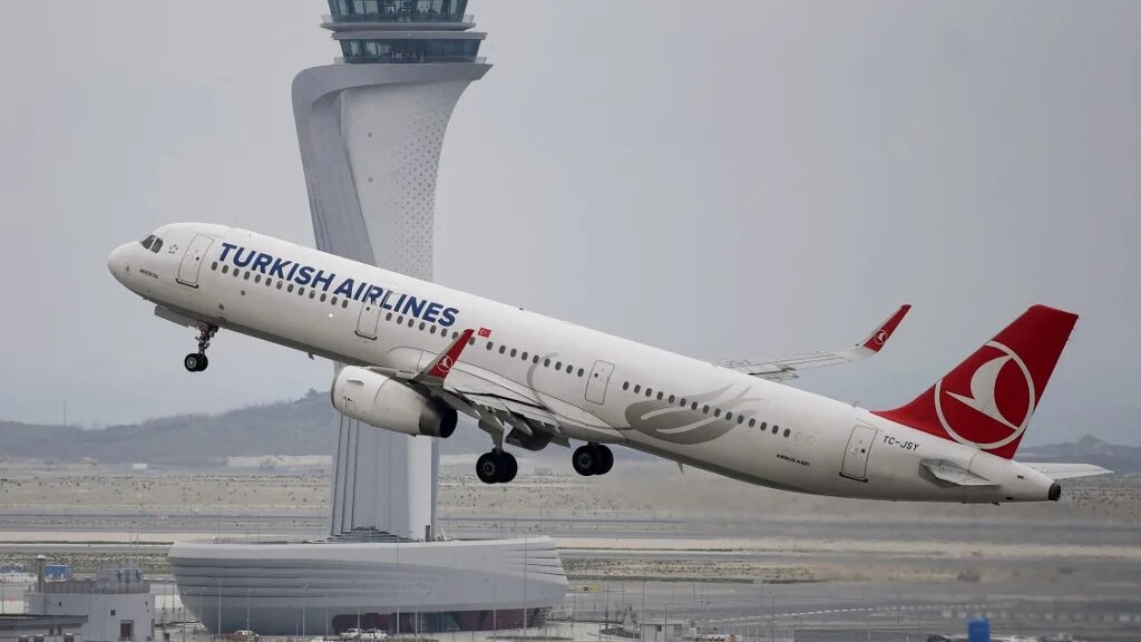 A Turkish Airlines plane takes off at Istanbul Airport on 6 April 2019.