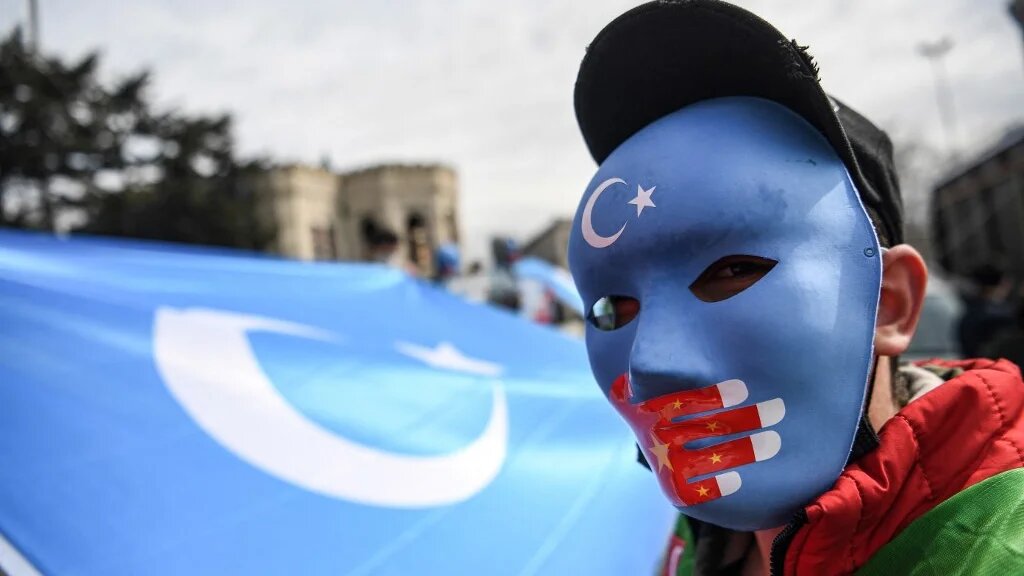 Uighur activists gather outside the Chinese consulate in Istanbul 