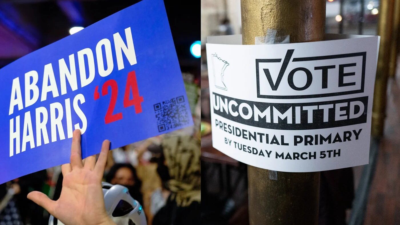Left photo: A poster from the Abandon Harris campaign. Right photo: A poster for the Uncommitted campaign.