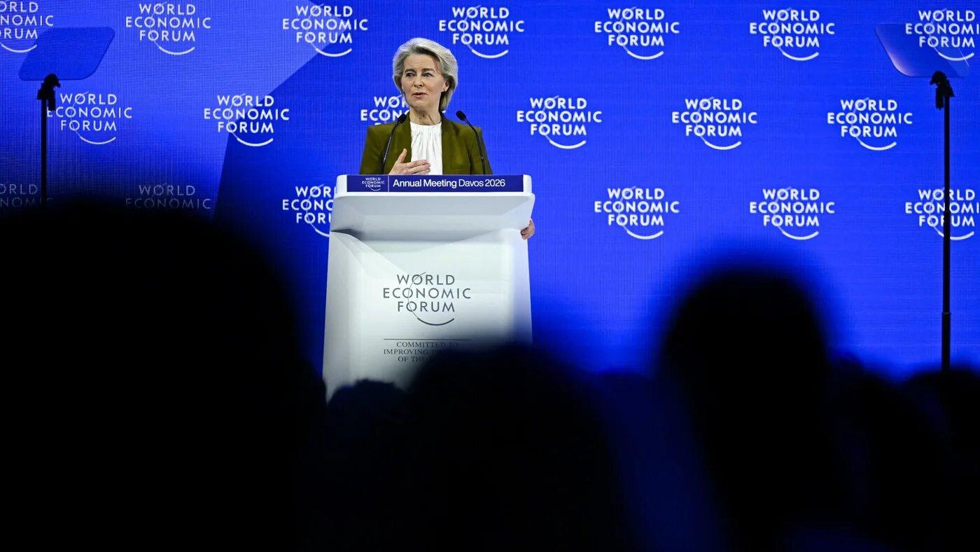 European Commission President Ursula von der Leyen delivers a speech during the World Economic Forum annual meeting in Davos on 20 January 2026 (Fabrice Coffrini/AFP)