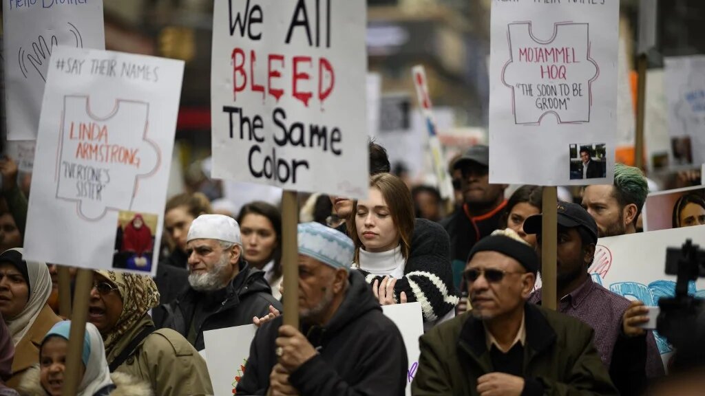 Demonstrators take part in a protest against growing Islamophobia, white supremacy, and anti-immigrant bigotry 24 March 2019 in New York City.
