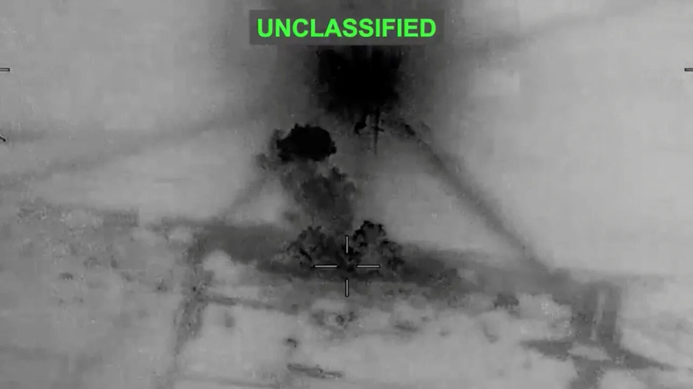 Smoke rises from explosions after US Central Command said it carried out strikes on Iran in response to an Iranian drone strike on a cargo ship in the Strait of Hormuz in a video released on 26 June 2026 (US Central Command/Handout via Reuters)
