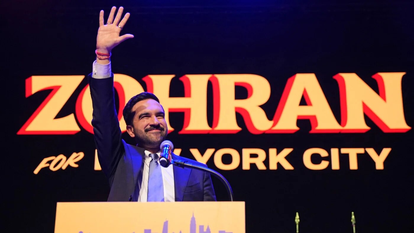 New York City Mayor-elect Zohran Mamdani delivers his victory speech in Brooklyn on 4 November 2025 (Angelina Katsanis/AFP)