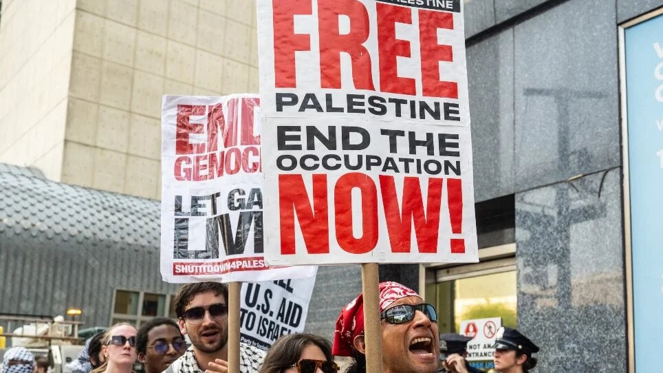 People take part in a demonstration in support of Palestine, outside the United Nations in New York City on 29 July 2025 (Stephanie Keith/Getty Images/AFP)