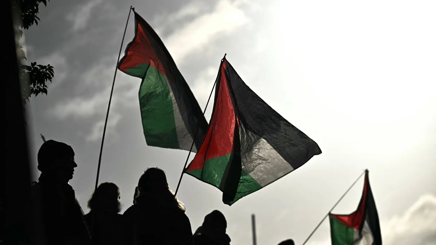 Protesters outside Woolwich Crown Court in London, where alleged Palestine Action activists are on trial (AFP)