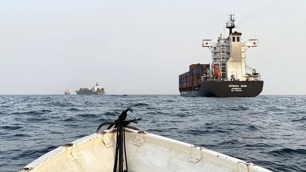 Container ships anchor near Bab al-Mandeb Strait on 6 August 2026 (AFP)