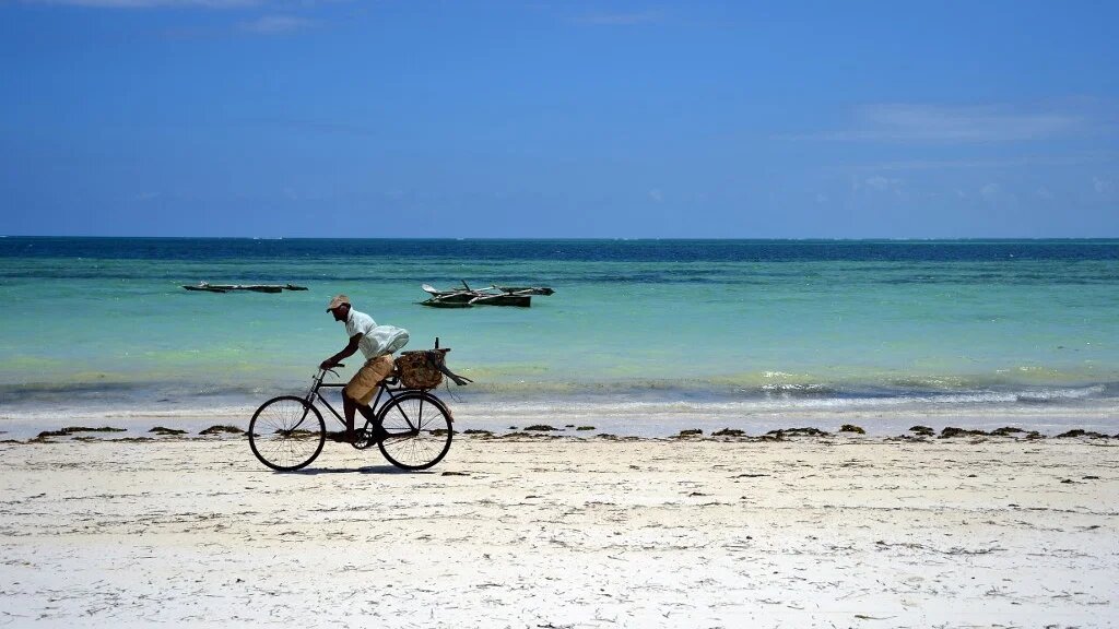 Cycliste sur une plage de Zanzibar (AFP/Gabriel Bouys)