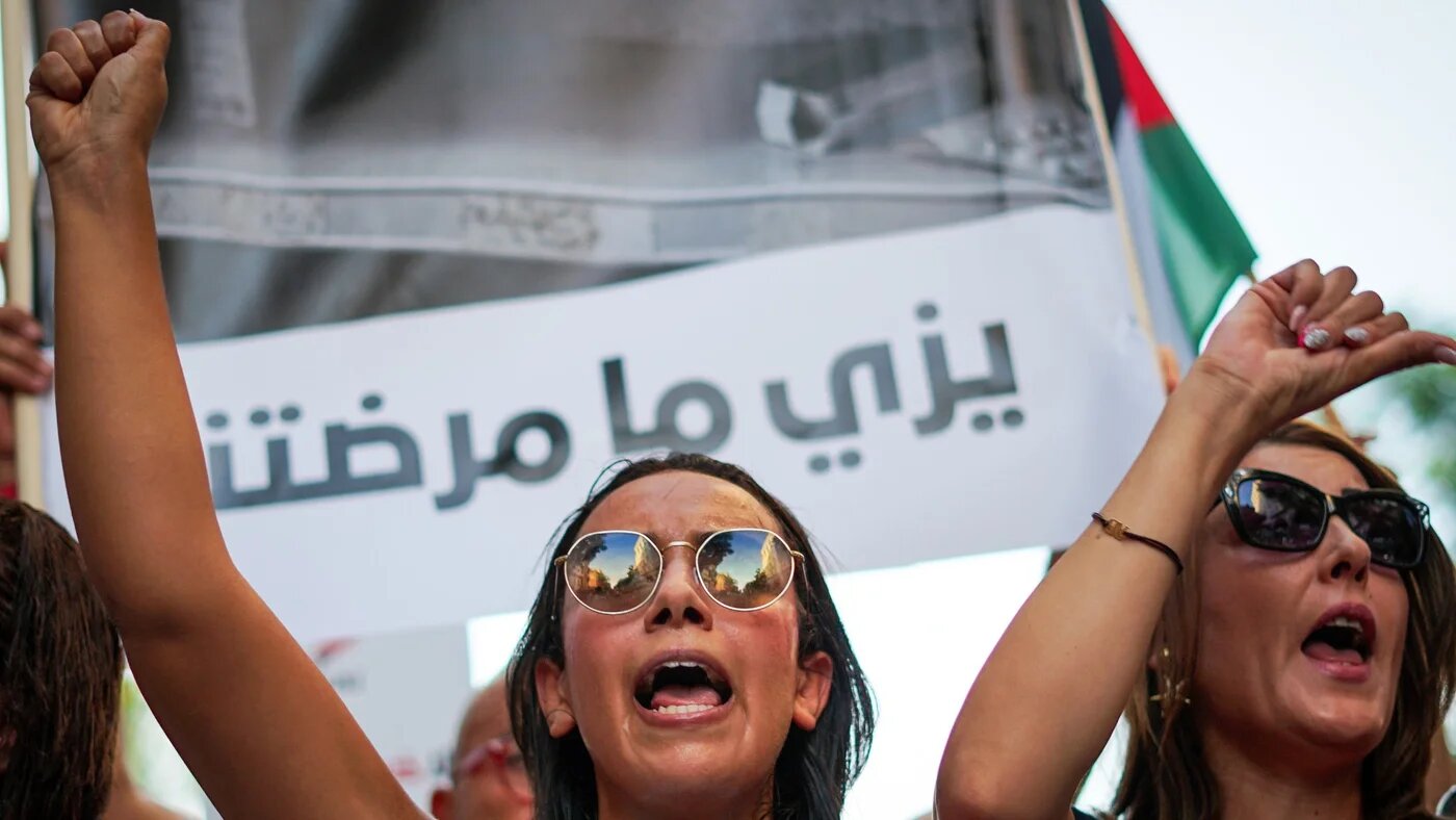 Tunisians rally in downtown Tunis during a demonstration organised by the Nafas opposition movement on 20 August 2026 against President Kais Saied’s policies (Hasan Mrad/Zuma Press Wire/Reuters)