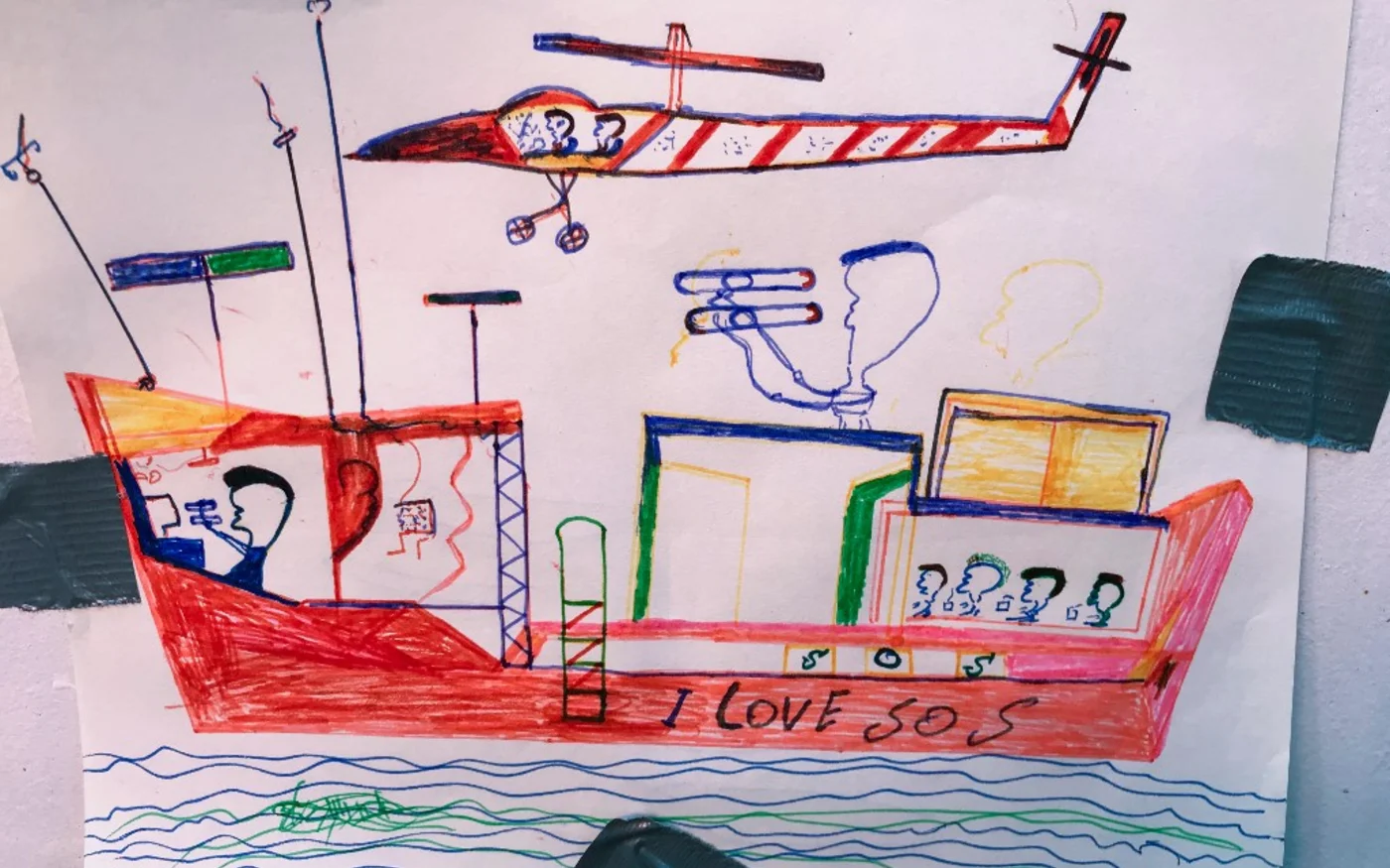 Dessin réalisé par des migrants secourus par l’Ocean Viking en août 2019 (AFP/Anne Chaon)