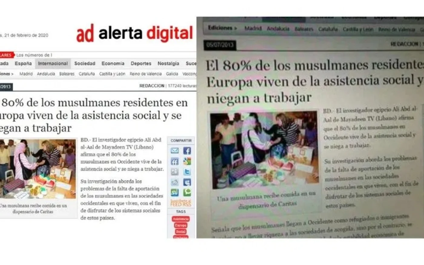 Capture d’écran montrant une fake news affirmant que 80&nbsp;% des Arabes en Europe vivent des aides sociales (fourni par Maldita)