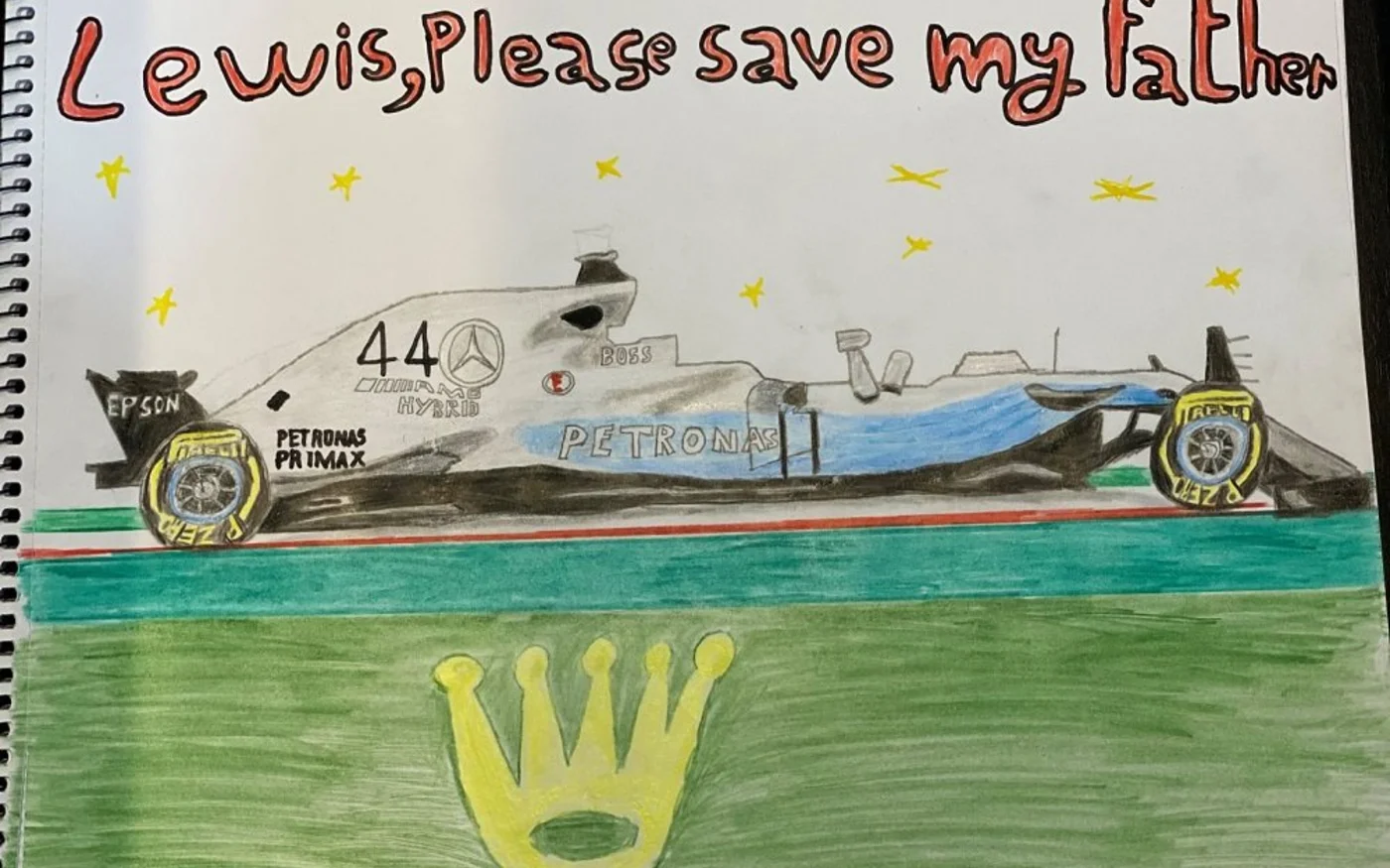 Dessin envoyé par Ahmed Ramadhan, 11 ans, avec une lettre adressée à Lewis Hamilton (photo fournie)